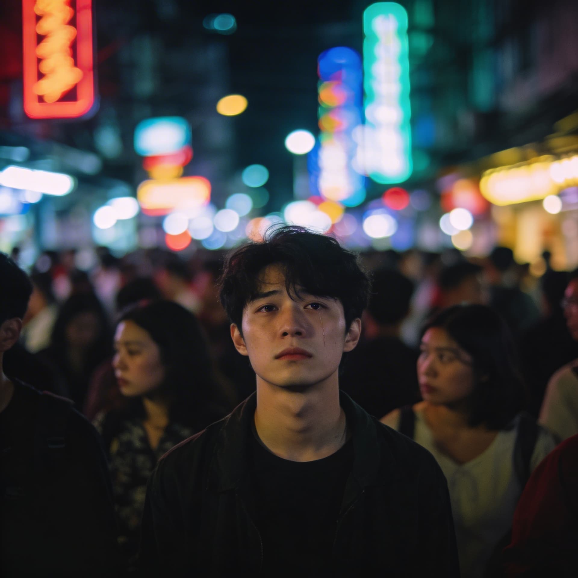 AI generated: lonely person in crowded urban street night neon lights bokeh cinematic moody atmospheric depth of f...