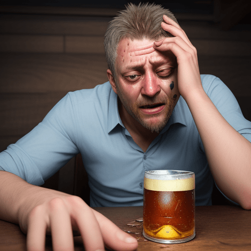 AI generated: Photorealistic drunk man, 45 yo, after vomiting in beer glass