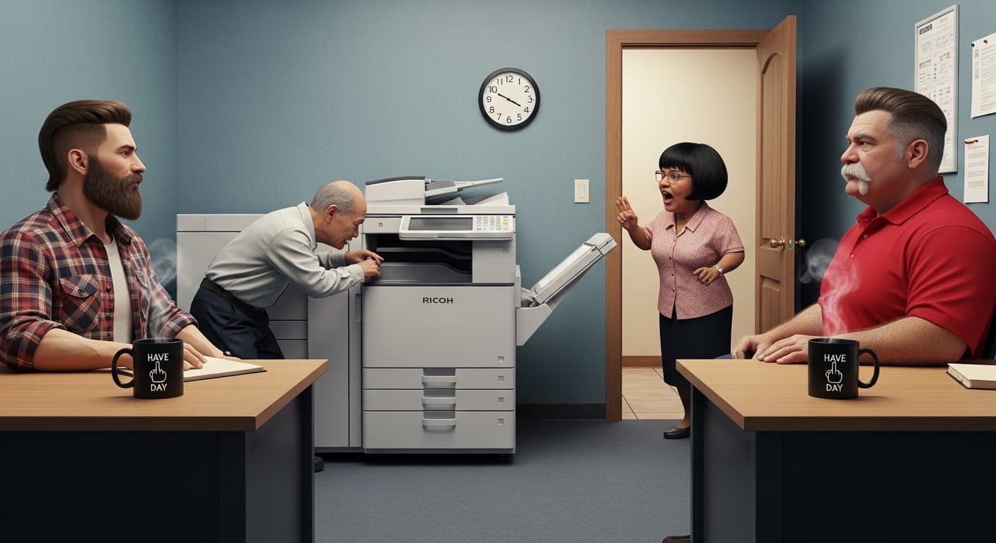 AI generated: Generate a realistic lifelike image of a small office, there are two corner desks opposite each othe...