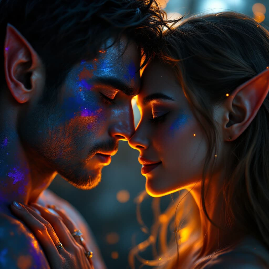 AI generated: A raw, hyper-realistic cinematic headshot of two elf lovers in an intimate embrace. Their faces are ...