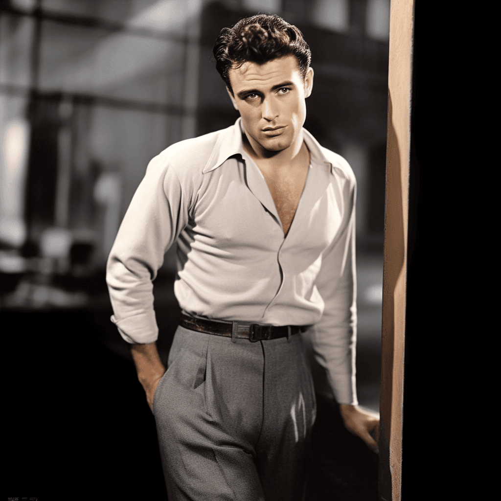 AI generated:  hollywood, standing, perfect eyes, perfect face, colorized, actor man, handsome, 1940's
