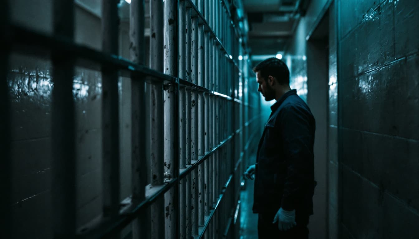 AI generated: prison corridor, cell bars, a man stands near the bars and looks through the keyhole, the man has ha...