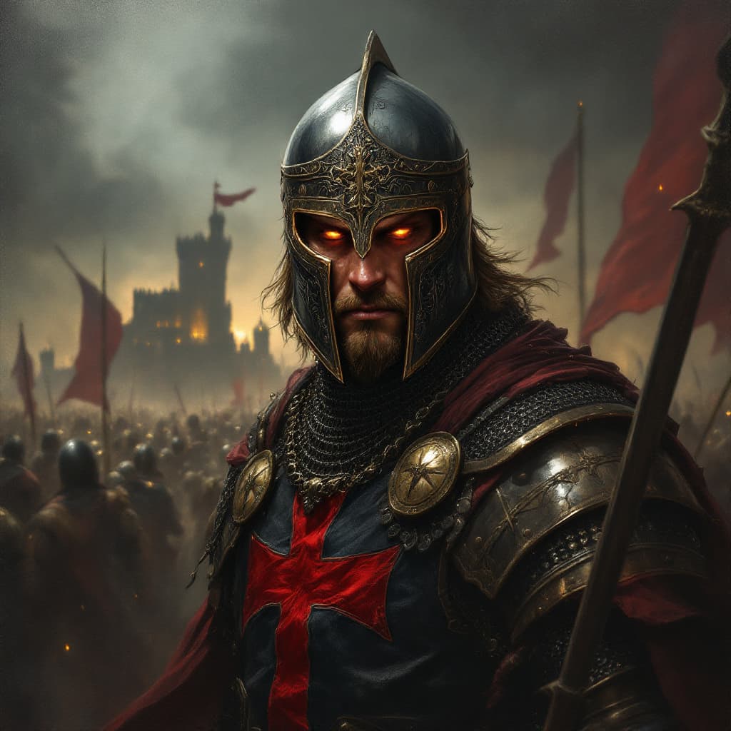 AI generated: oil on canvas, impressionist tendencies, ,A highly detailed digital illustration of a Crusader, capt...