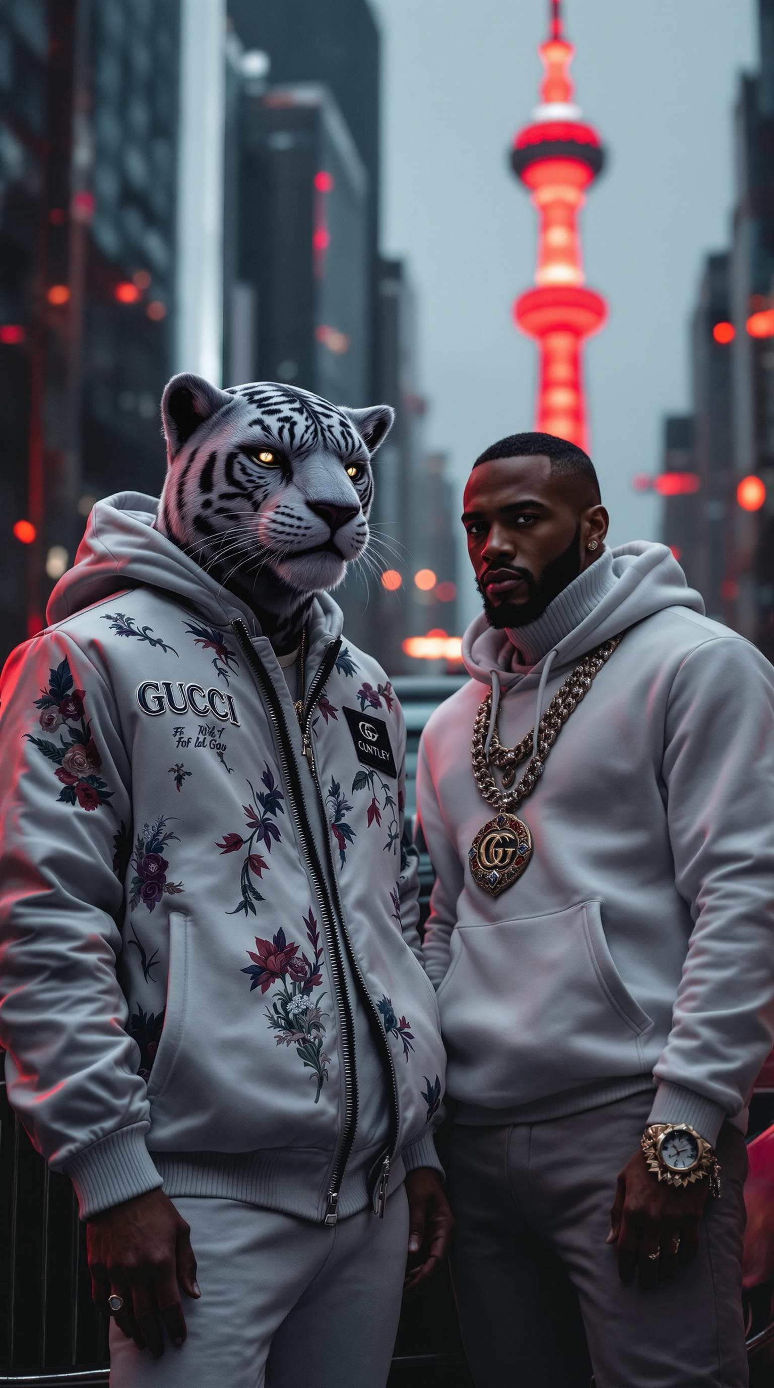 AI generated: Two men with a sleek and powerful Triad-inspired street look, symbolizing wealth and status. The pum...