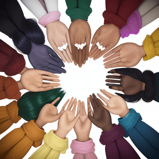 AI generated: Diverse group of women standing together, heart-shaped hands, inspire inclusion, vibrant colors, det...