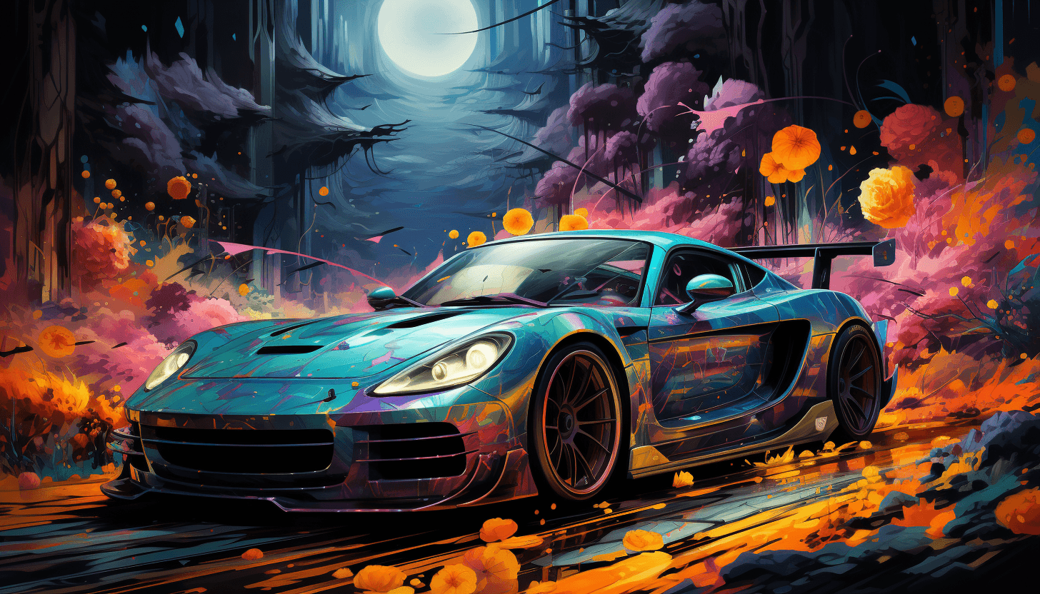 AI generated: a painting of a sport car, in the style of psychedelic manga, luminous impressionism, intricate and ...