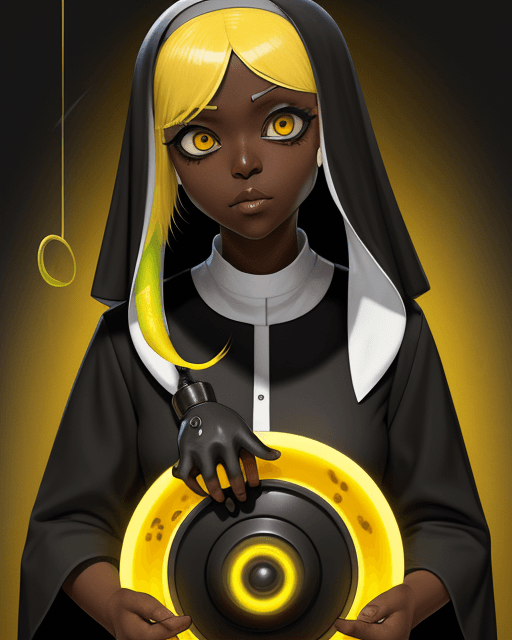 AI generated: splatoon, Frye, yellow hair, nun outfit, hypnotized, spiral, female, dark skin