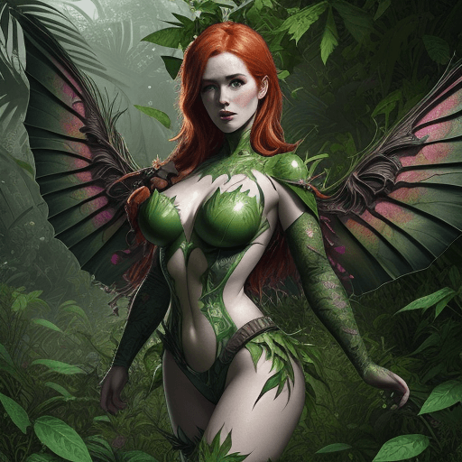 AI generated: ultra detailed photo shot of a woman (Jia Lissa) dressed as Poison Ivy, with wings made of ((grassy-...