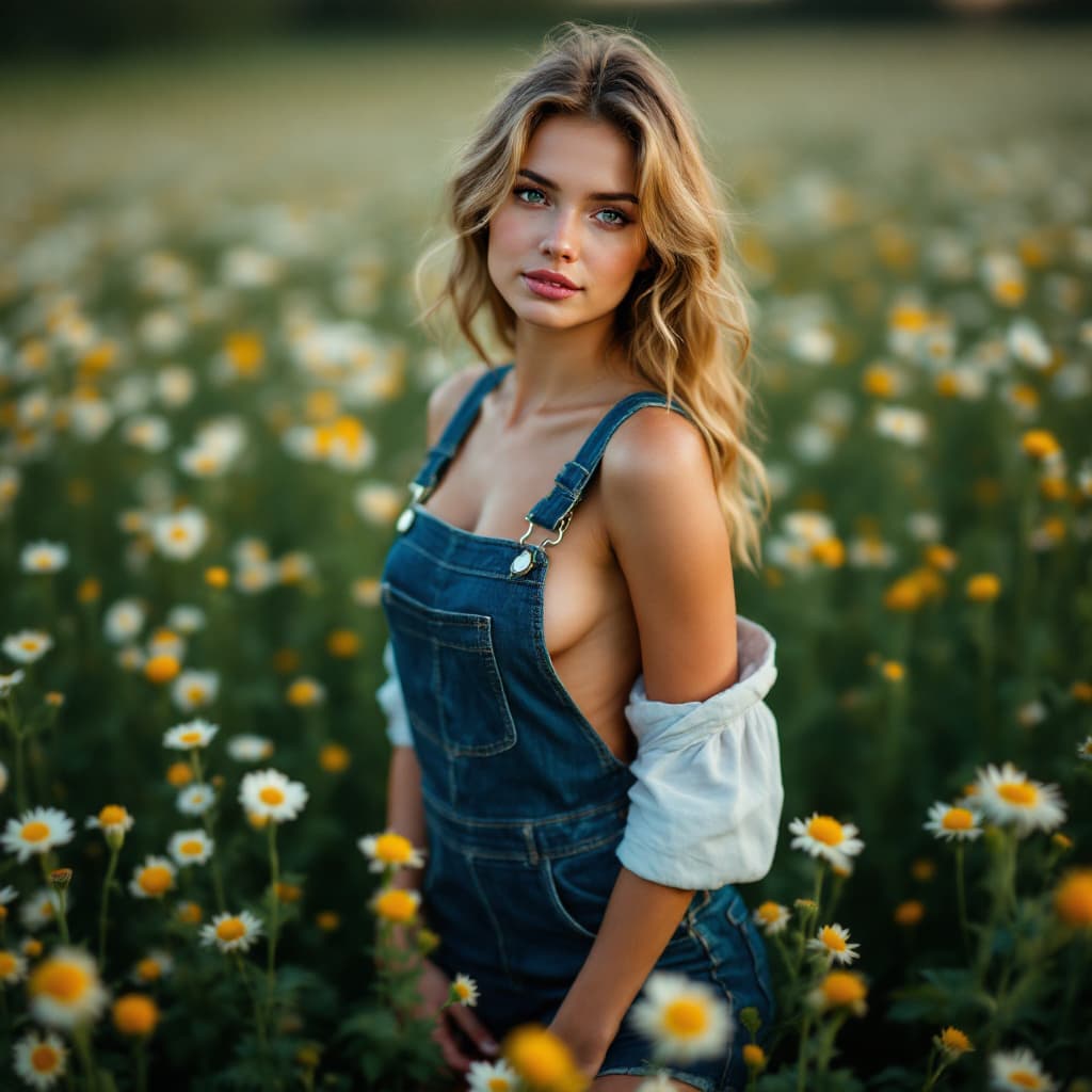 AI generated: full body portrait, fit and toned body, farm girl wearing denim overalls with no bra,  posing in a p...