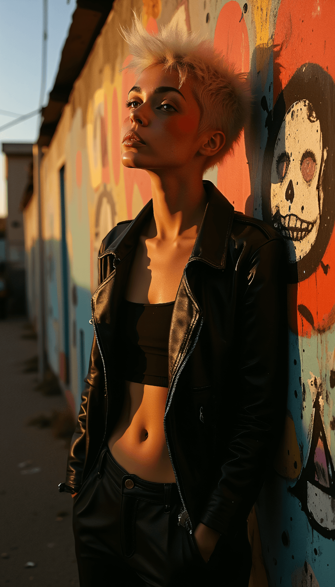 AI generated: 24-year-old girl with short spiky platinum hair, cropped leather jacket, black sports bra, high-wais...