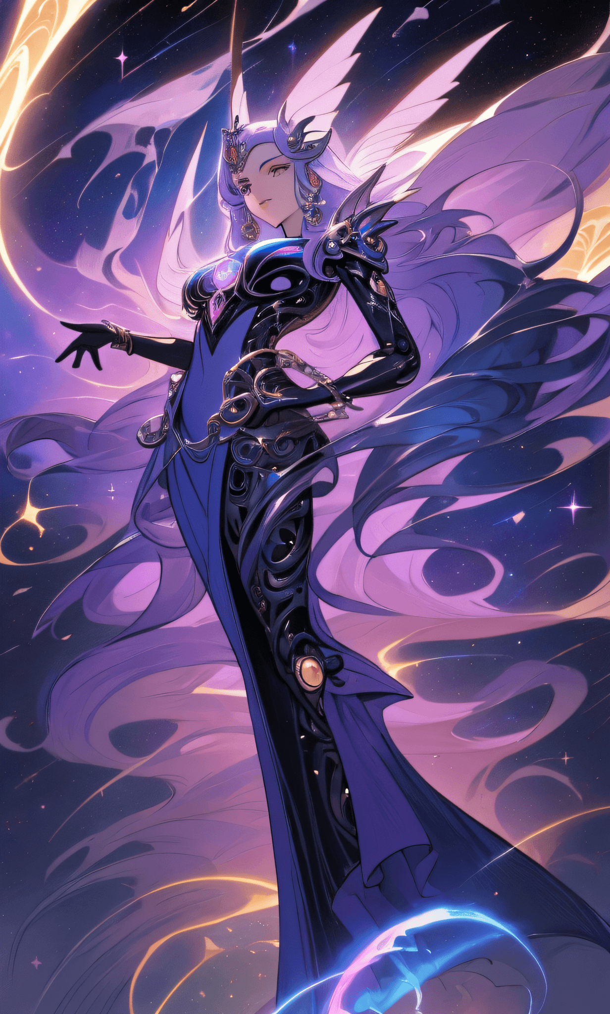 AI generated: a close up of a woman in a purple dress with a blue background, goddess of galaxies, anime art nouve...