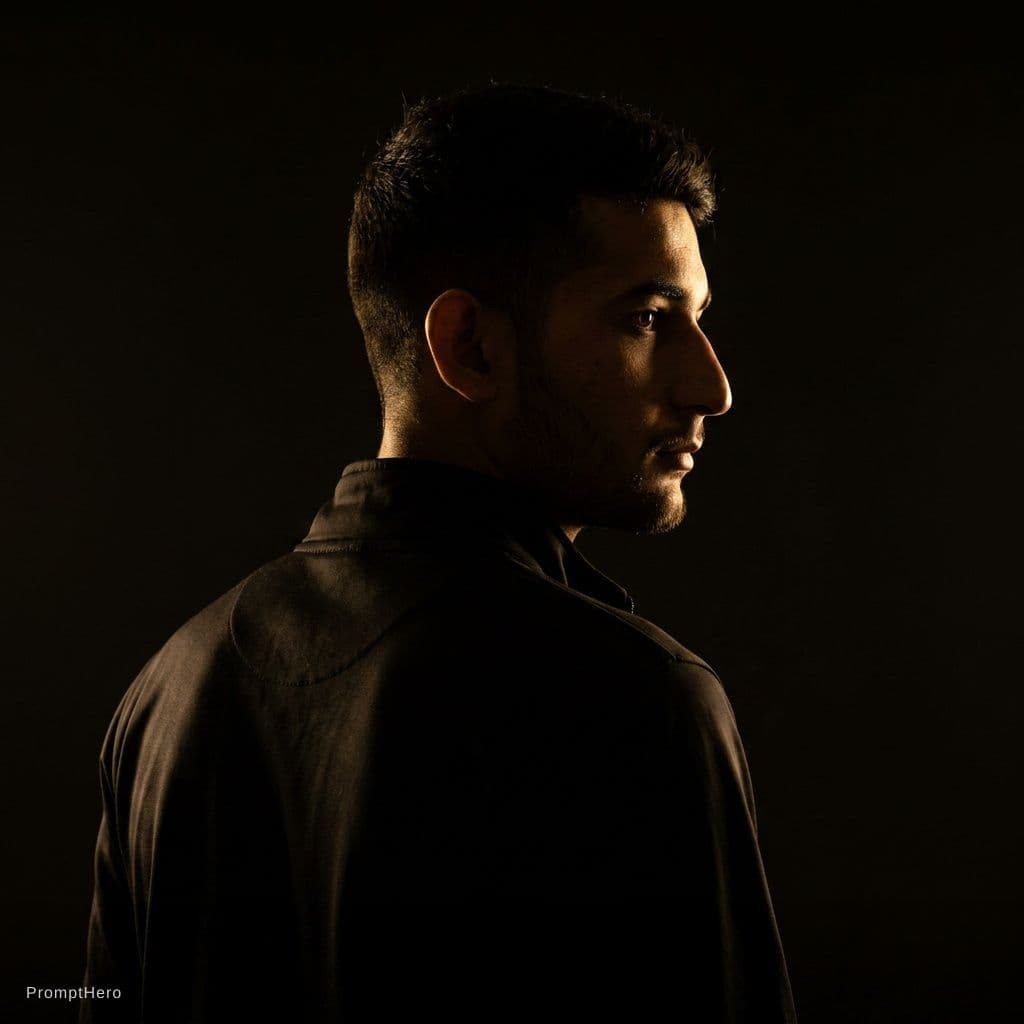 AI generated: With a black background a back shot of me looking a side  wearing a black track suit shot  is above ...