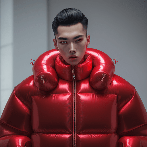 AI generated: well lit fashion shoot portrait of handsome man statue wearinga red inflatable oversized bubble puff...