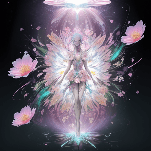 AI generated: Blossoming, Particle, Flower, Bud, Bloom, Growth, Transition, Petals, Burst, Unfolding, Colorful, Ev...