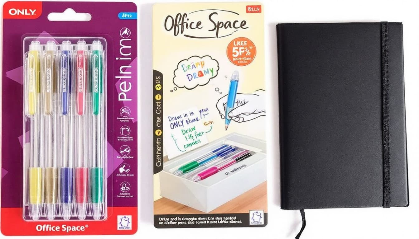 AI generated: draw ONLY blue gel pens 5pcs of office space brand with transparent body