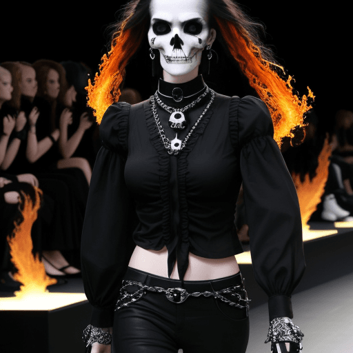 AI generated: people wearing black shirts with skulls and fire walking in fashion week y2k gothic high resolution