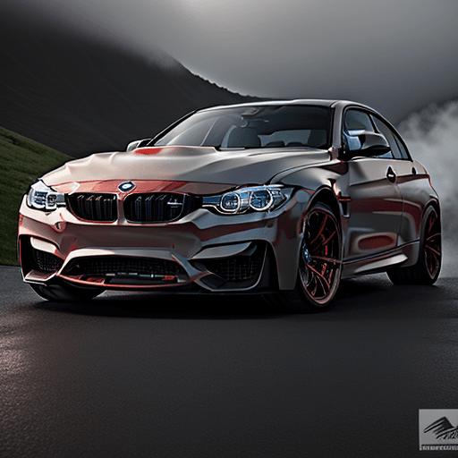 AI generated: High resolution, 2016 bmw m3, candy red paint,custom,mountain road, foggy

