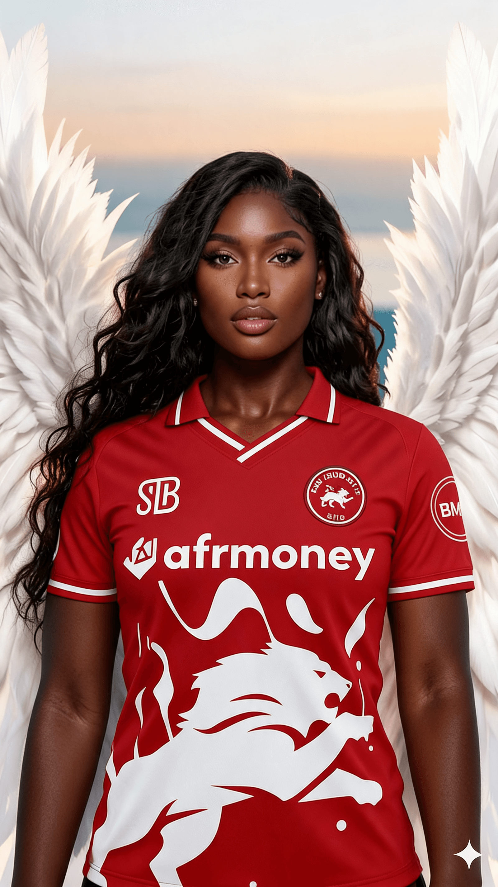 AI generated: swap the outfit of the angel with the attached red jersey. let the angel wear the jersey