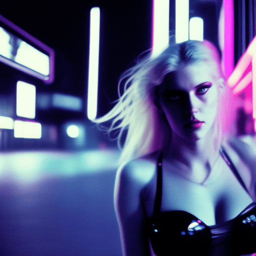 AI generated: analog film photo woman, blond girl facing front wearing cyberpunk outfit with large breasts in a bi...