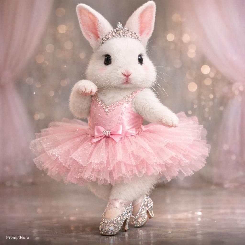 AI generated: A white rabbit with a pink dancing dress and crystal shoes