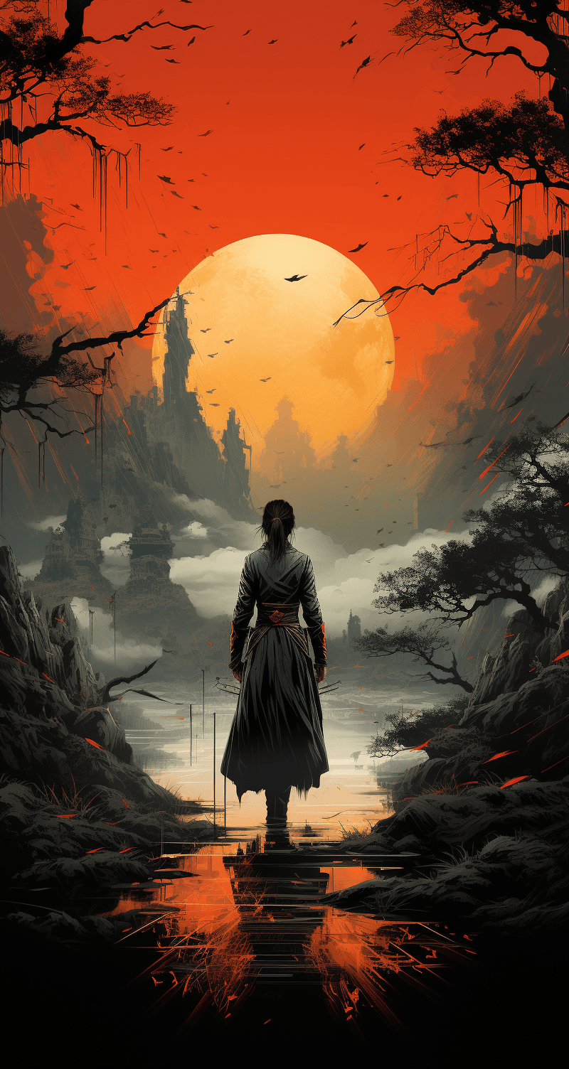 AI generated: the samurai at night with her sword, in the style of screen printing, epic fantasy scenes, comiccore...