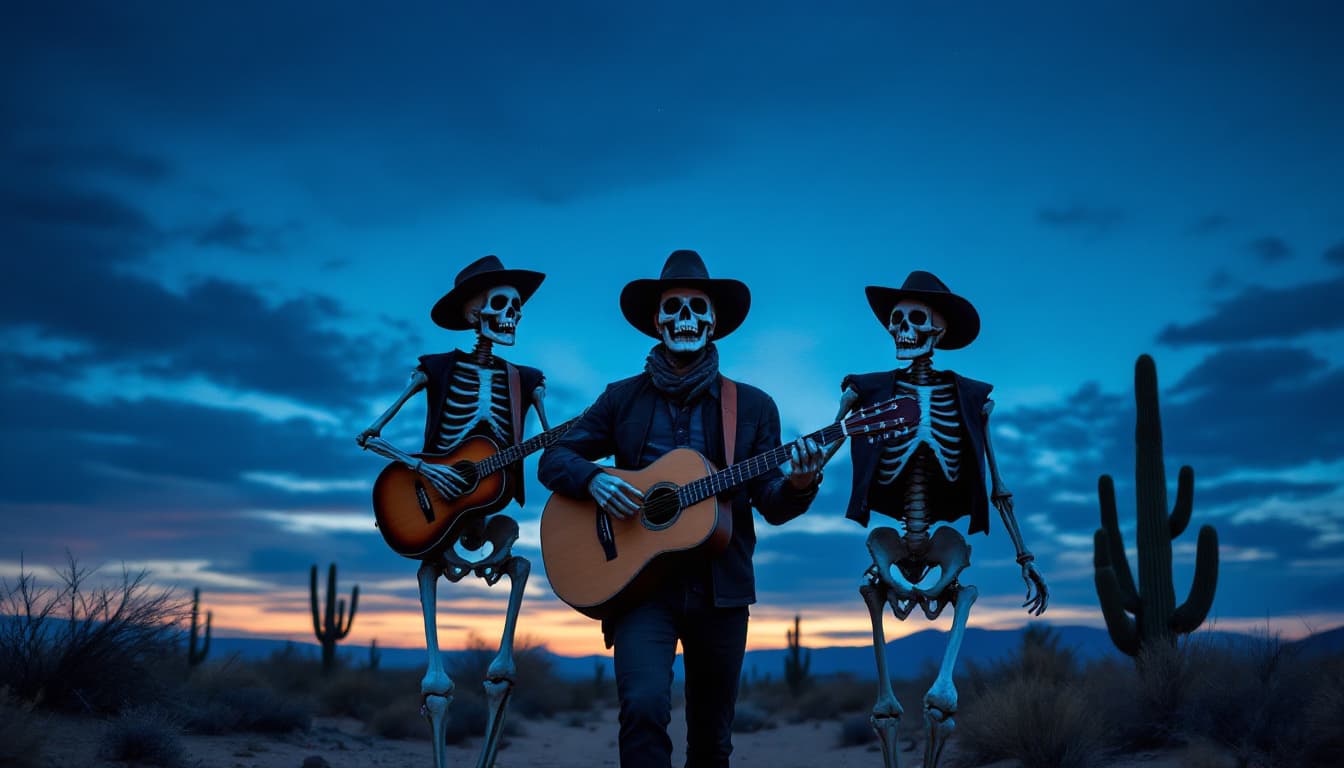 AI generated: Hola, quiero la siguiente imagen: Un hombre junto a dos calaveras caminando de espaldas en el desier...
