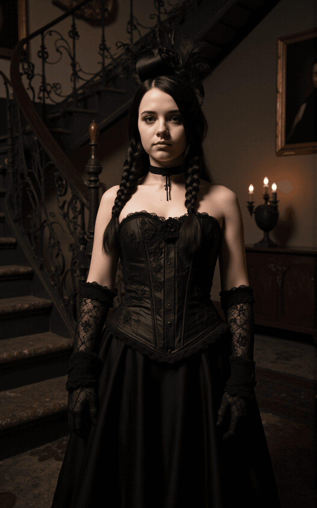 AI generated: Inside a grand, decaying Victorian mansion, Wednesday Addams stands centered amid wrought iron stair...