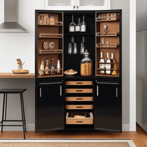 AI generated: A lacquered wood and metal breakfast pantry furniture, modern yet with a classic bar-like appearance...