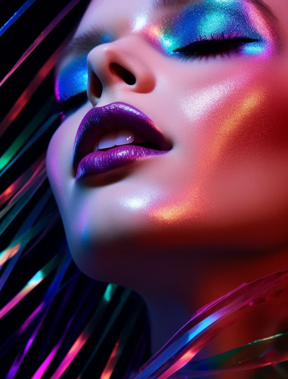 AI generated: a close up of a woman's face with bright makeup, inspired by David LaChapelle, misty neon lights, me...