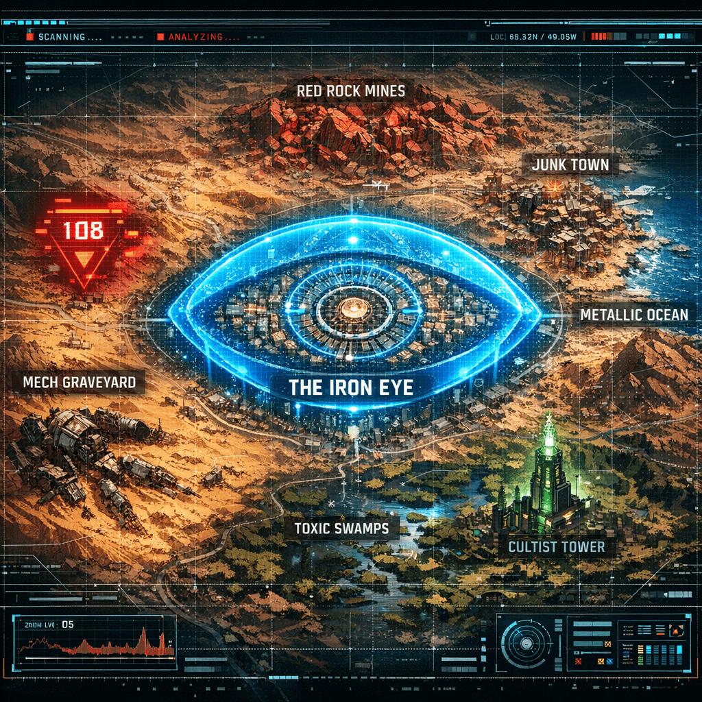AI generated: Midjourney Prompt (英文):
A top-down tactical holographic map of a post-apocalyptic wasteland region. ...