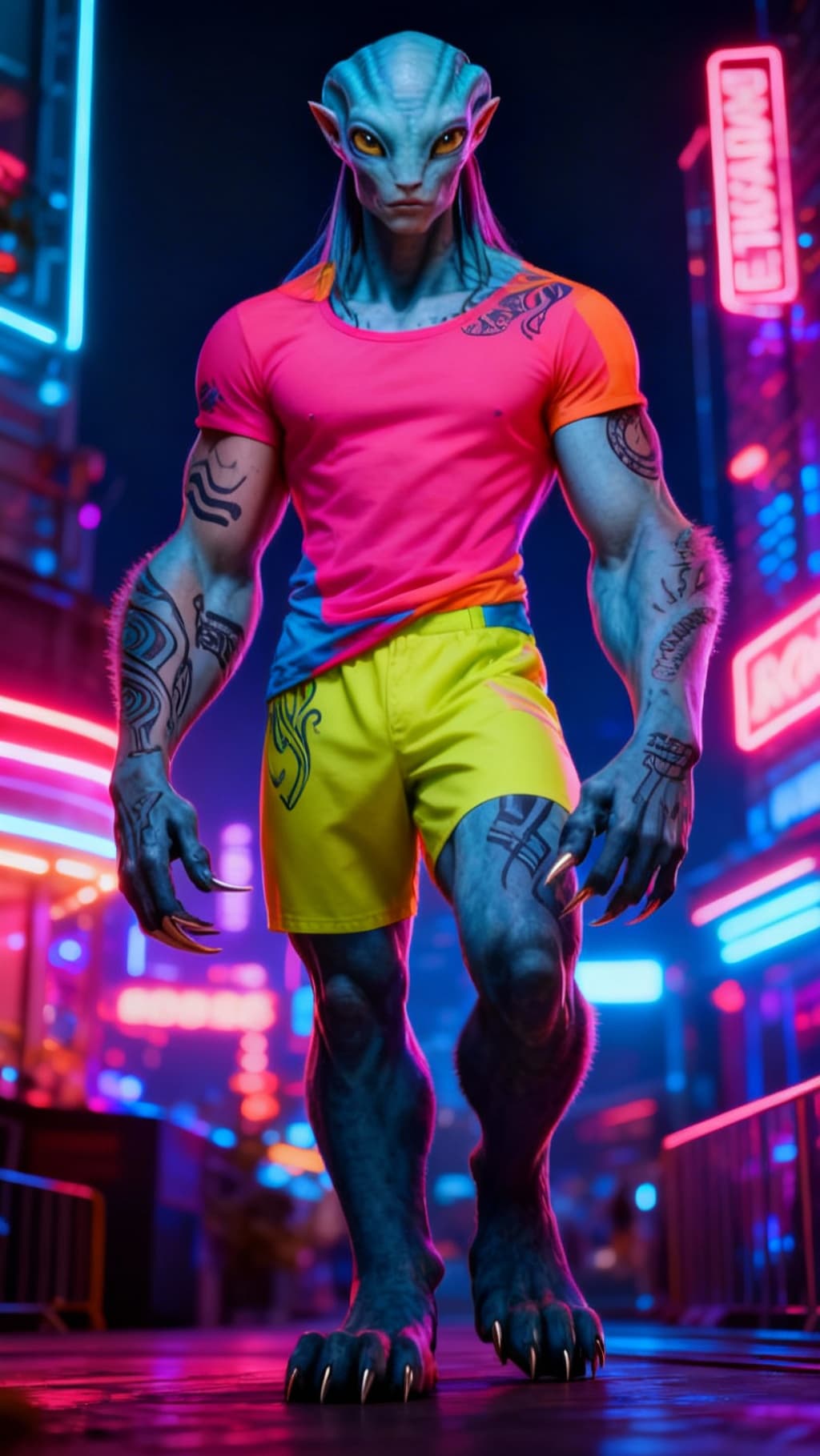 AI generated: Blend anthropomorphic to create a new anthropomorphic, alien, human hybrid. Give a Nightlife backdro...