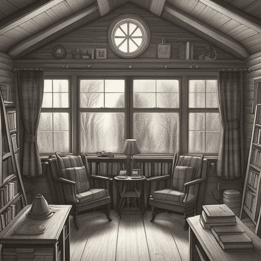 AI generated: Easy pencil drawing of the inside of a quaint cozy cabin, of the style of Harry Potter, but that sho...