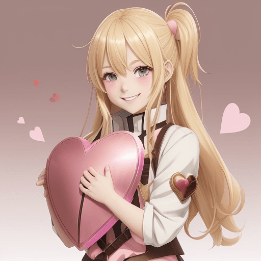 AI generated: A unique blond anime heart. girl. smiling. 
brown & pink clothes. holding one heart shaped shield 20...