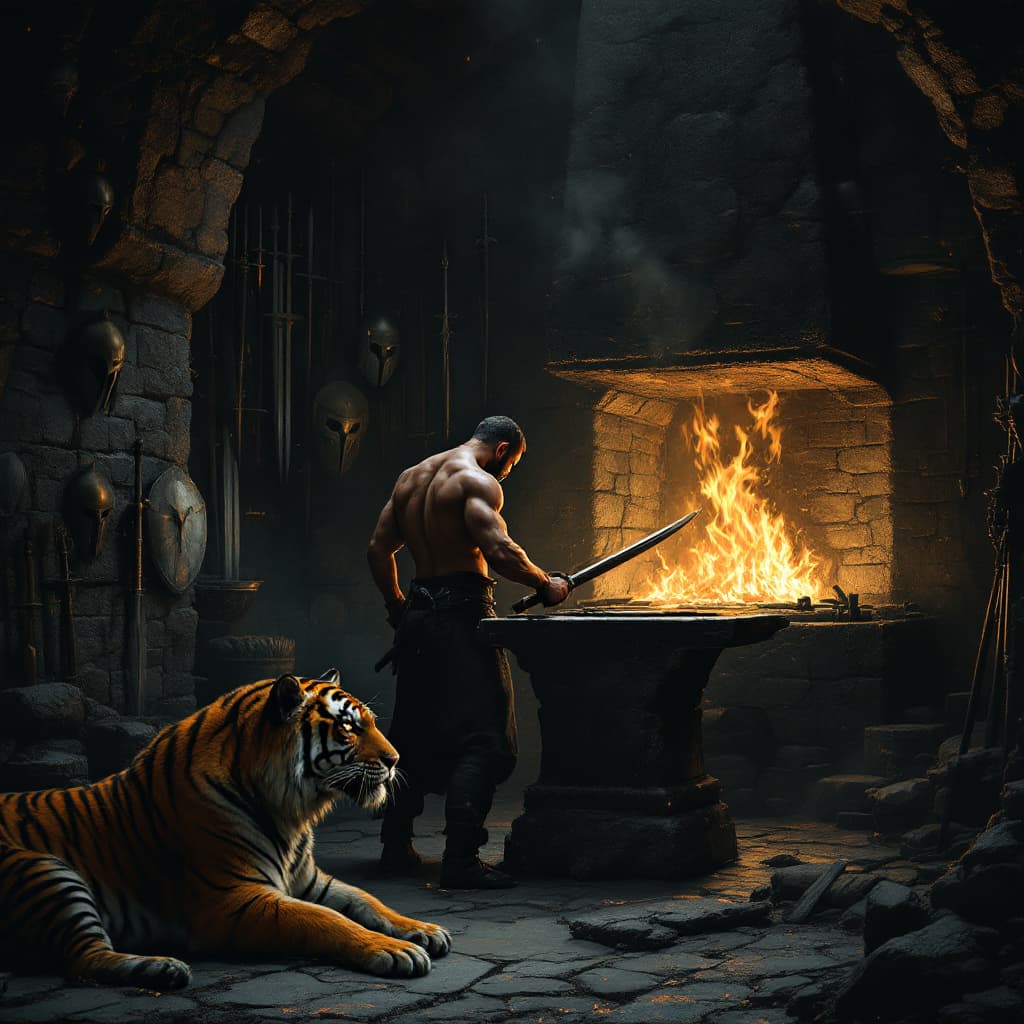 AI generated: "A dark and somber ancient forge illuminated only by the flickering glow of a roaring furnace. The r...