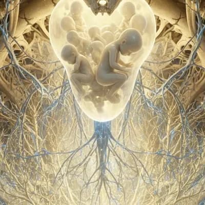 AI generated video: A smooth drone shot hovers above collapsed skulls forming a sacred sanctuary. Light pulses from belo...