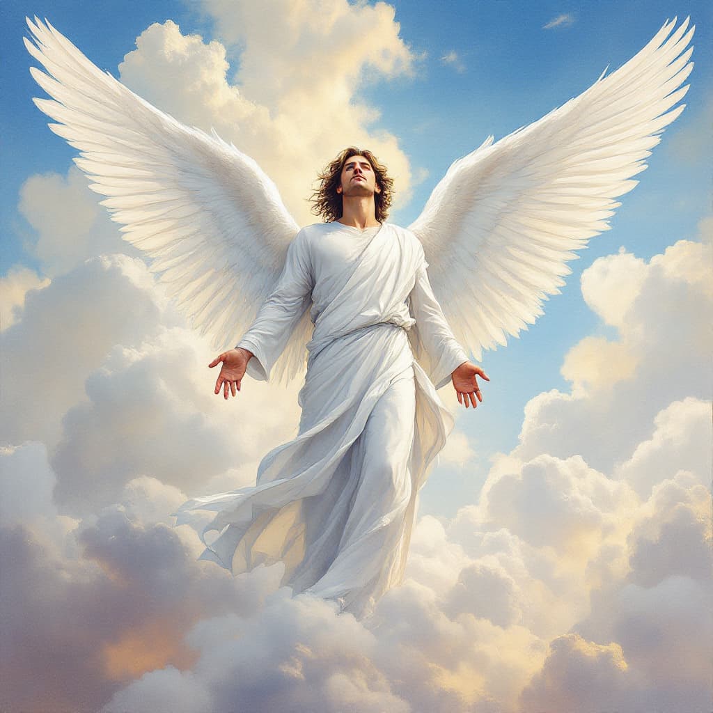 AI generated: an artist's drawing of a male masculine, strong angel with pure white robe standing in the sky with ...