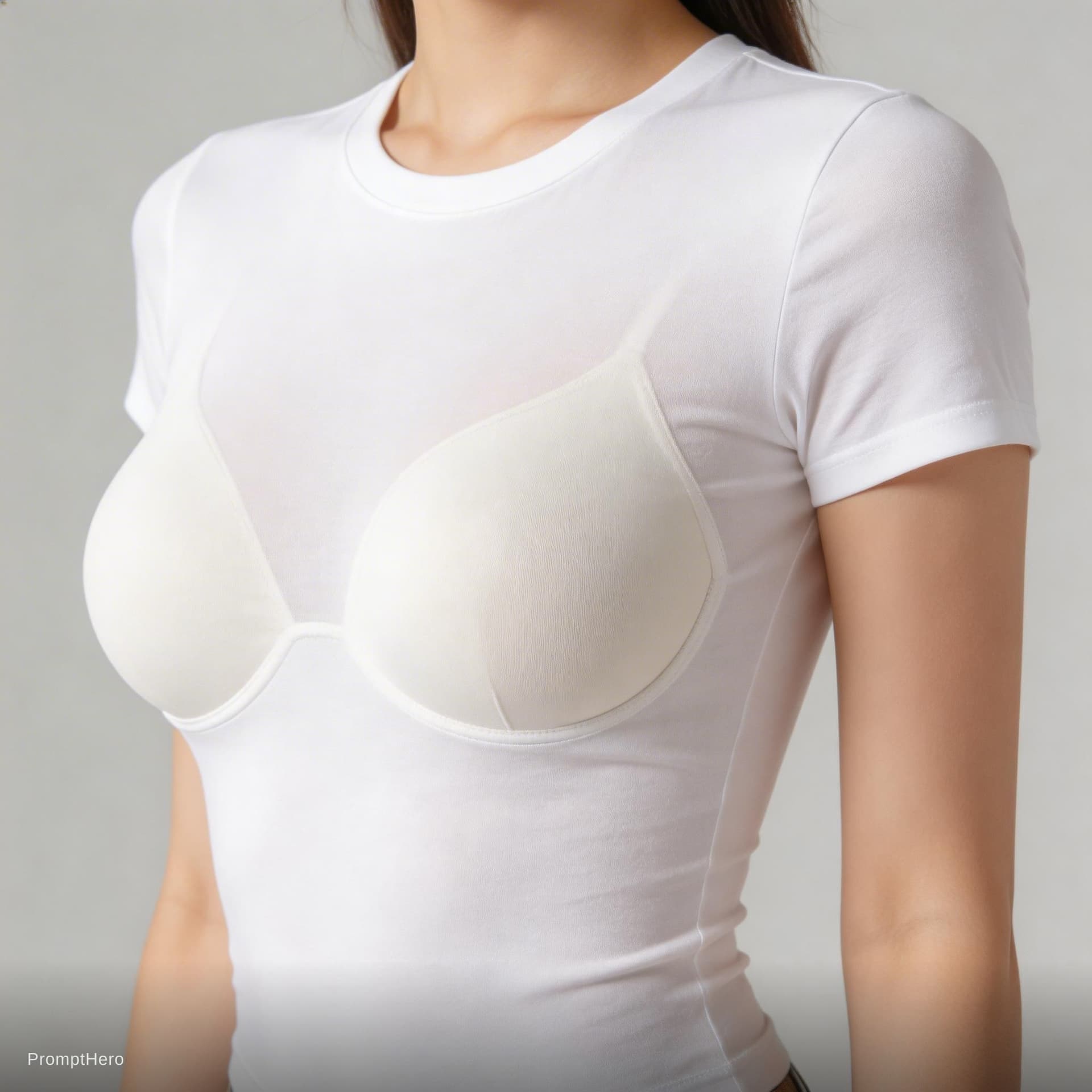 AI generated: Make the Bra ultra tight with visible volume beneath shirt