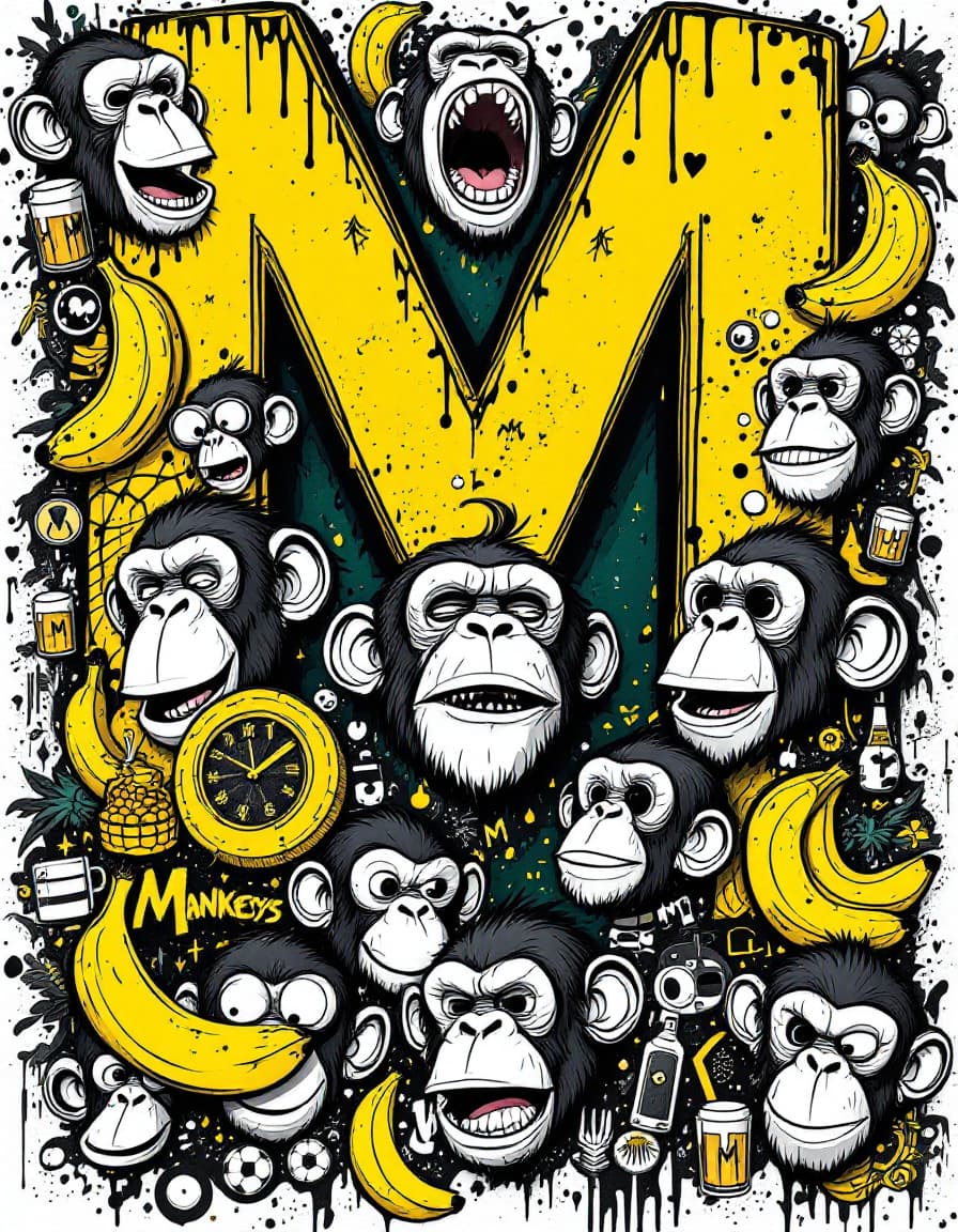 AI generated: An intricate and mainly black and white, and yellow and dark green, (two contrasting, extra colors f...