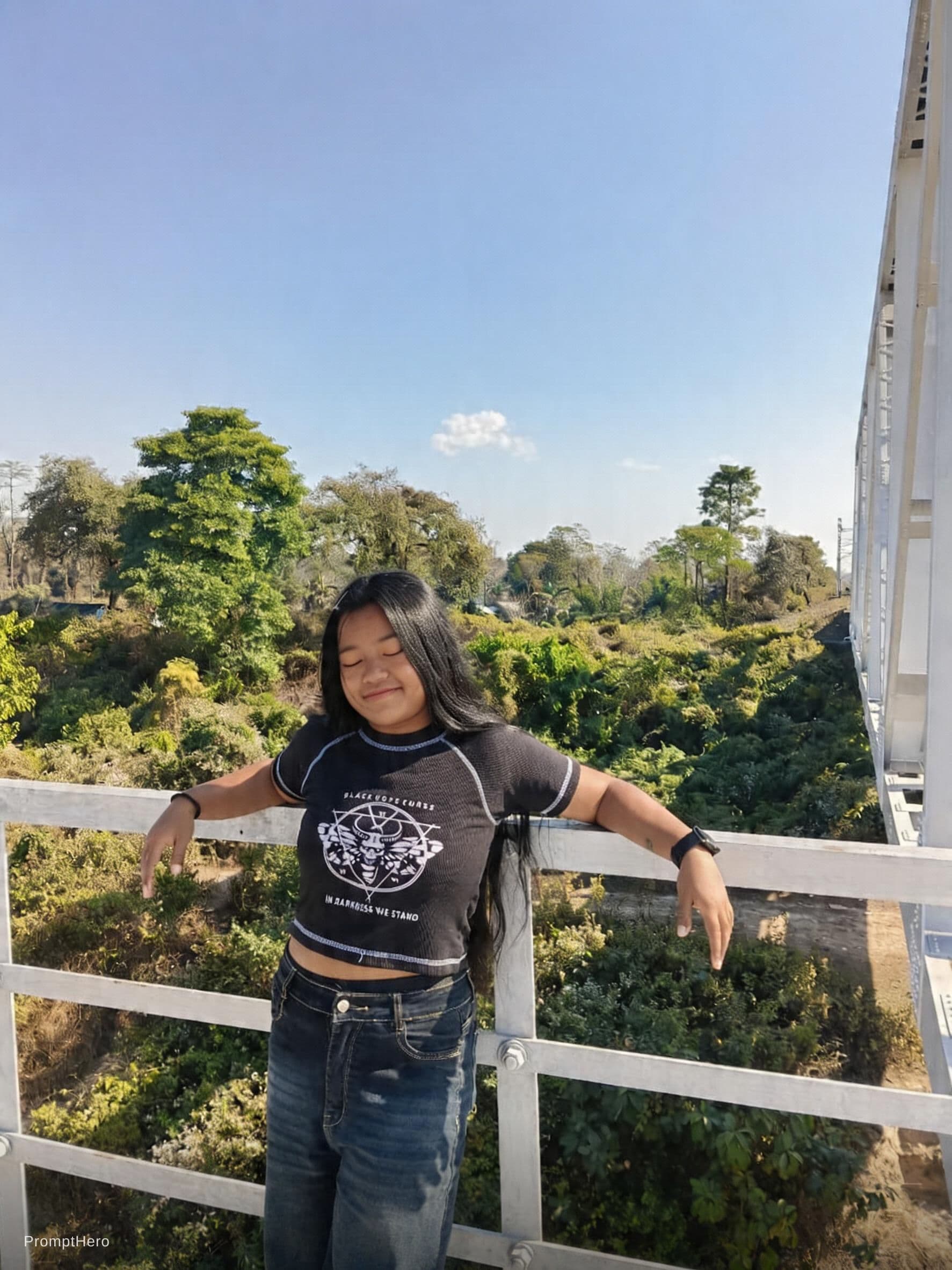 AI generated: solo, photo background, jeans, denim, long hair, pants, outdoors, 1girl, shirt, black hair, closed e...