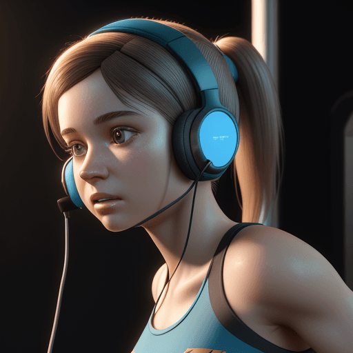 AI generated: glazed 3D render (extremely detailed CG), A girl wearing a headset on a Treadmill