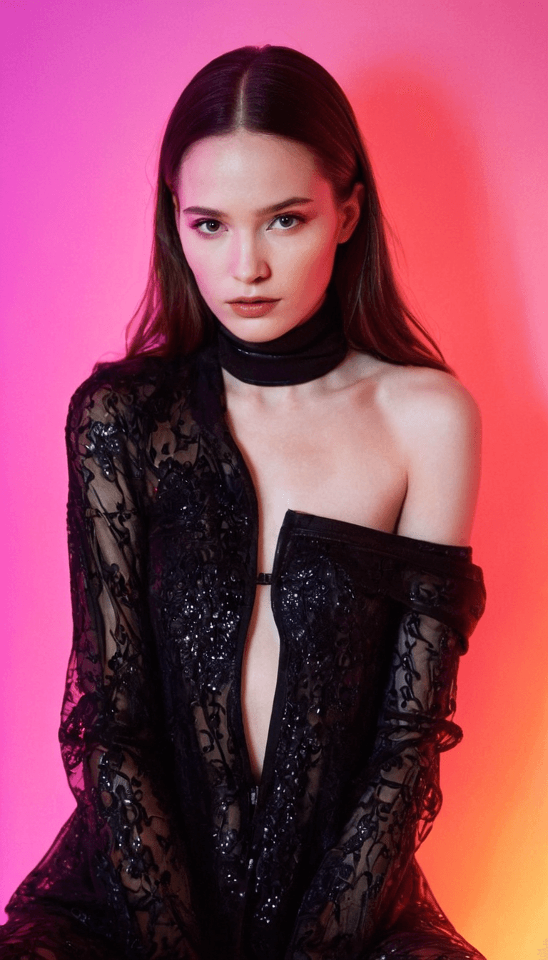 AI generated: digital art, fashion editorial, a close portrait of beautiful darkhaired woman is studio in fashiona...