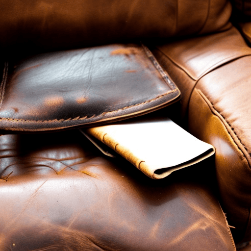 AI generated: abandoned leather wallet lying open and empty beside a couch cushion