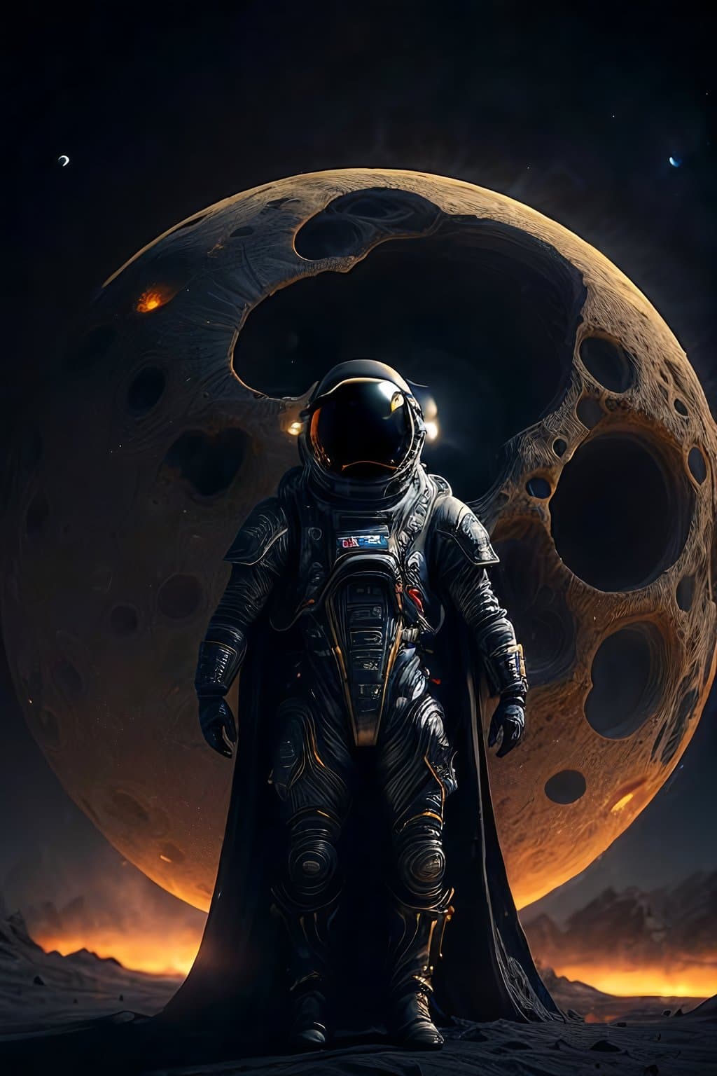 AI generated: epic, masterpiece, alien friendly standing on moon, intricated organic neural clothes, galactic blac...