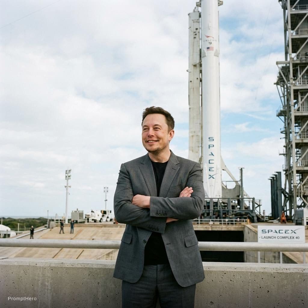 AI generated: with Elon Musk in front of a SpaceX rocket, professional setting