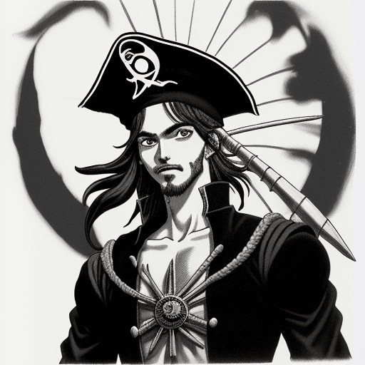 AI generated: Pirata esqueleto , detalhes altos , anime dos anos 90 , preto e branco , vetor, cor de fundo preta