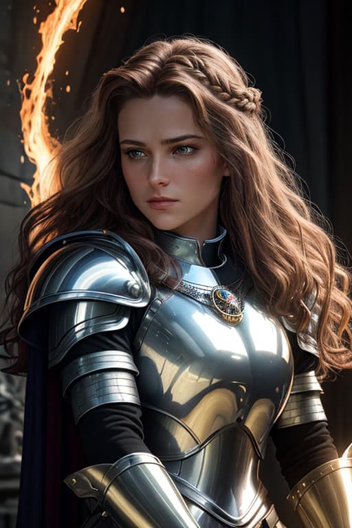 AI generated: A portrait of a young beautiful joan of arc, cinematic, log hair, shiny metallic polished armor, dee...