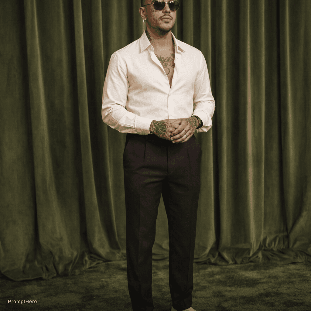 AI generated: Create an outfit using the pics given, using the same colour pants(dark brown) in the right photo an...