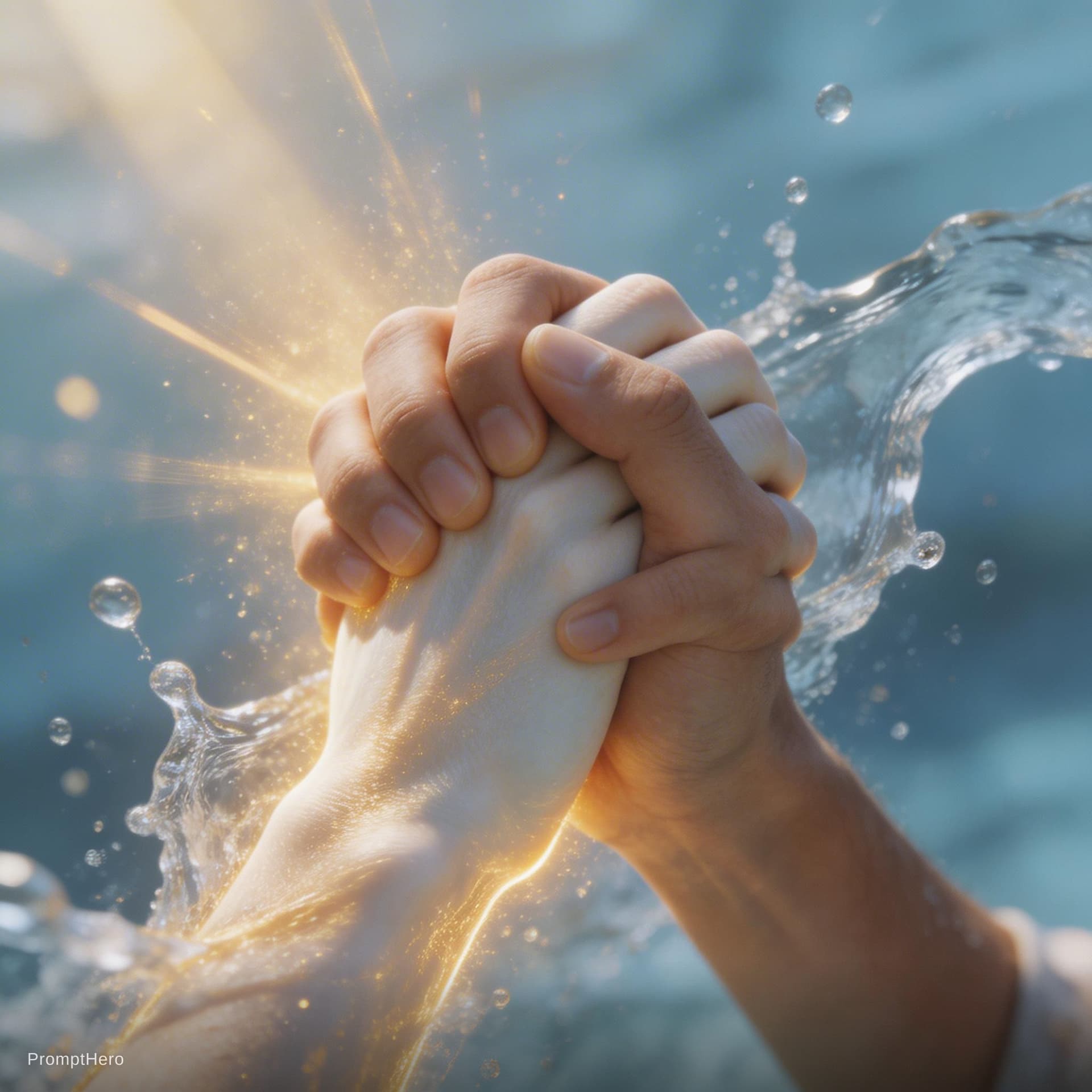 AI generated: Close-up of two hands holding tightly, one divine with golden aura, one human, water splashes