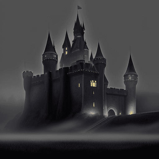 AI generated: 
this is a cover for a quinceanera, it shows a healthy castle, fog, dark colors, black. The castle h...