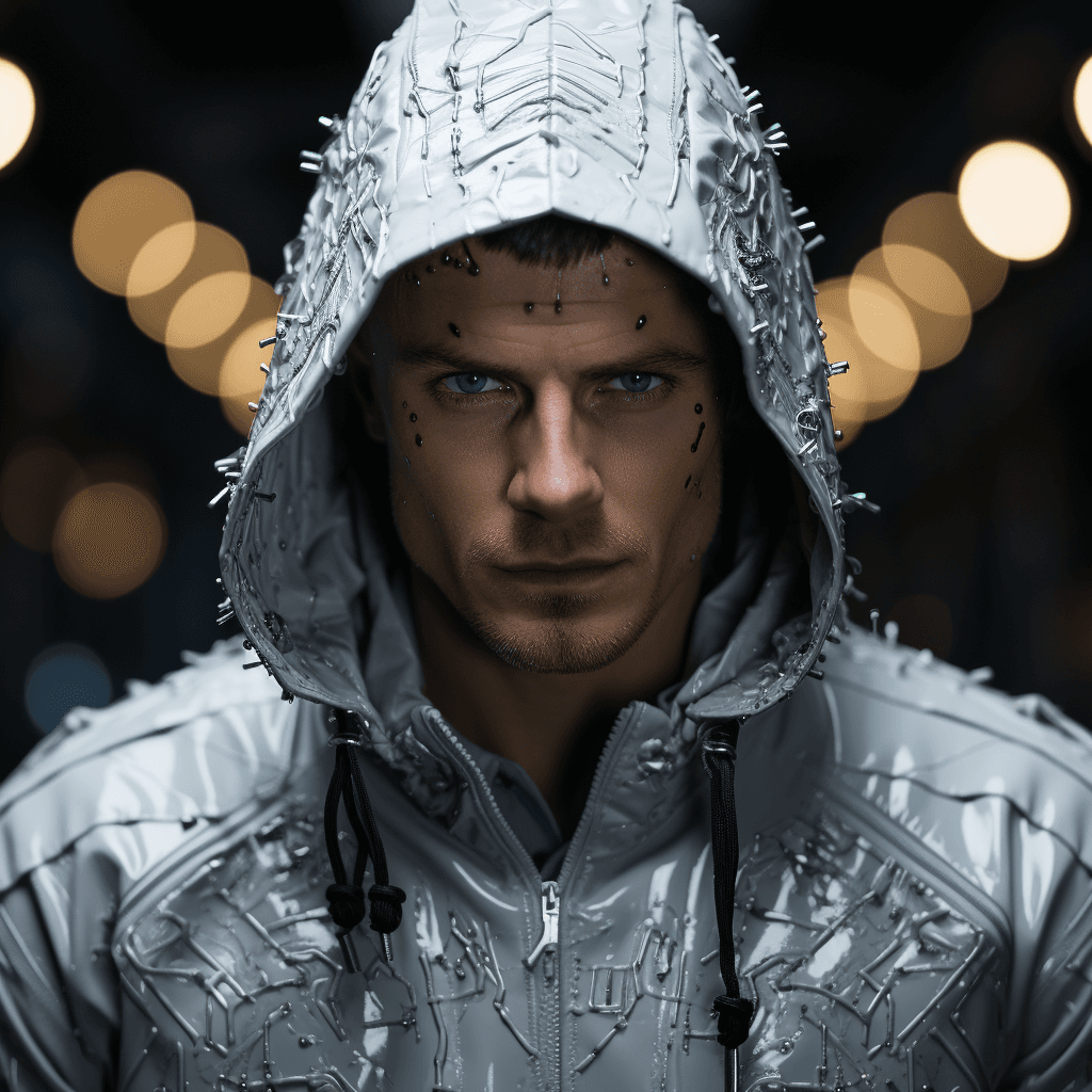 AI generated: the head of a white man with hoodie on, in the style of cyberpunk imagery, robotic motifs, shiny/glo...